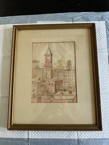 Antique Watercolor Painting Cityscape Clock Tower Artist Signed Original Frame - Picture 1 of 8