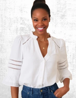 Женская блуза Ex WYSE с рукавом 3⁄4 с вырезом для работы и деталями цвет белый Parkir рекомендуемая розничная цена 125 фунтов - Изображение 1 из 4