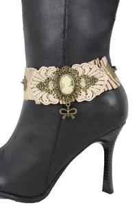 Women Vintage Gold Chain Boot Lace Wide Strap Western Shoe Band Punk Rock Bow - Picture 1 of 12