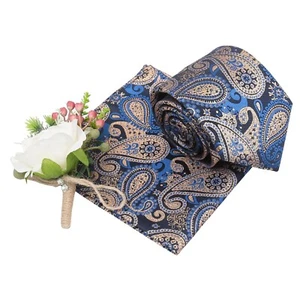 Juego de corbata clásica bohemia de cachemira metálica azul y dorada y cuadrada de bolsillo de DQT - Imagen 1 de 6