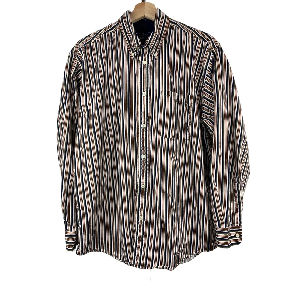 Camisa John Ashford Para Hombre Talla M Crema Negra Melocotón Rayas Cambray Abotonada Foto 1 de 4