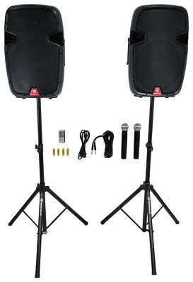 Rockville RAMSYS15 Pair 15" Battery Powered PA Speakers+Stands+Wireless Mics - Image 1 of 4