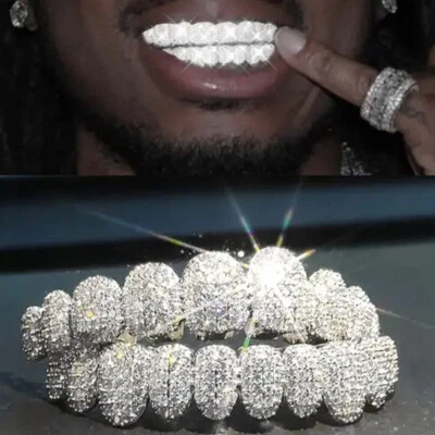 Real 14K Gold Plated Hip Hop Grills Top Bottom Set 5A+ ICED CZ Out Teeth Grillz - Image 1 of 4
