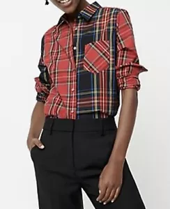J Crew Womens top Sz 12 Classic Fit Mixed Stewart Tartan Plaid Shirt Holiday Red - Picture 1 of 9