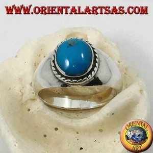 Anello in Argento 925‰ con turchese ovale a cabochon contornato da una treccia - Foto 1 di 3