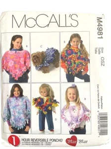 McCalls M4981 Reversible Poncho Sewing Pattern S-XL For Adults Kids Dolls & Dogs - Picture 1 of 2