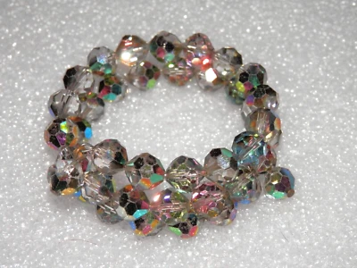 Aurora Borealis Crystal Memory Wire Wrap Bracelet • Multi Color Peacock 2 Strand - Image 1 of 4