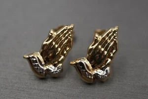 Pendientes huecos de oro amarillo de 10 K de 0,65" corte diamante en dos tonos a mano de oración. - Imagen 1 de 11