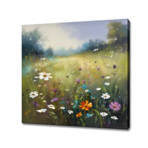 Bunte Wildblumen Wiese Gemälde Stil Blumen Leinwandbild Wandbild - Bild 1 von 7