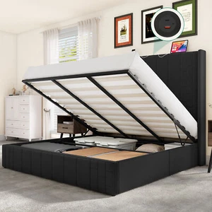 King Bed Frame Lift Up Hydraulic Storage Upholstered Platform w/ Charging Port - Picture 1 of 7