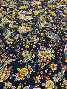 100% Mulberry Silk Scarf Crepe de Chine Navy Rainbow Birds & Flowers 50x185cm - Picture 1 of 8