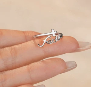 ✨ Anillo Cruz Escritura "FE" Plateado ✝️ Joyería Religiosa Ajustable💍 - Imagen 1 de 3