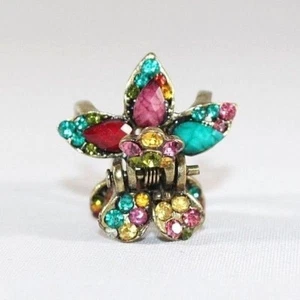 Brand New Gold Tone Vintage Vibrant Flower Hair Clip Claw w/Multi Color Crystals - Picture 1 of 5