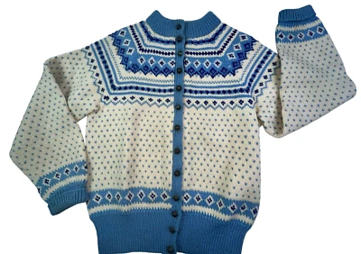 Cárdigan Nórdico Hecho a Mano Dinamarca Suéter Fair Isle Azul Crema Plata Botones M Foto 1 de 4