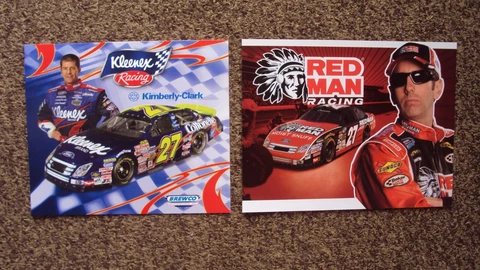 Lot of 2 diff  Ward Burton & Greg Biffle #27 " RED MAN KLEENEX " NASCAR POSTCARD Cover