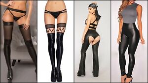  SEXY LADY BLACK FAUX LEATHER STOCKINGS,TROUSERS PANTS LINGERIE SIZE 10-14 UK