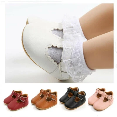 Newborn Baby Girls Pram Shoes Infant T-Bar Dress Shoes Rubber PreWalker Trainers
