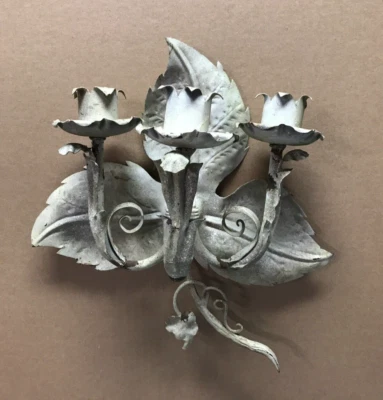VTG Tin Tole Leafy Triple Candle Holder Shabby White Wall sconce Chic 949-24B - Image 1 of 4