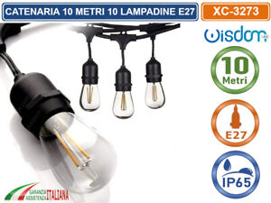 CATENA CATENARIA LUMINOSA 10 METRI NERA PER 10 LAMPADINE LED E27 DA ESTERNO IP65