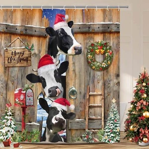 Funny Farmhouse Cow Christmas Shower Curtain Rustic Winter Tree 72x72 inch - Picture 1 of 8