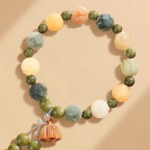 Retro Lotus Flower Wooden Buddhas Beaded Lucky Bracelet Attract Wealth Women Men - Picture 1 of 9