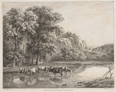 MÖSSMER (*1780) nach MOLITOR (*1759), Rinder bei der Tränke im Fluss, um 1821, R - Bild 1 von 4