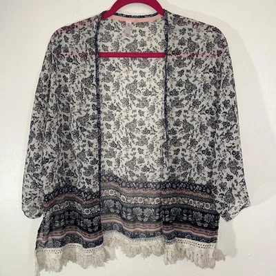 Top Xhilaration para mujer talla XS/S frente abierto kimono flecos azul marino floral boho hippie Foto 1 de 4