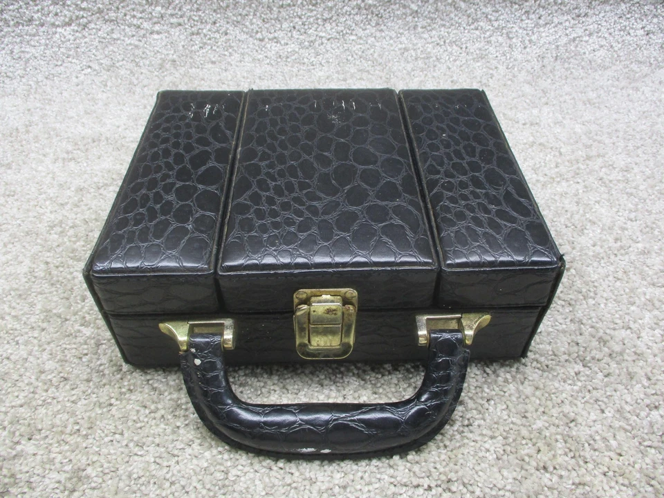 Black Faux Croc Jewelry Box Travel Organizer Case Mirror Ring Slots Trays Handle - Image 1 of 4