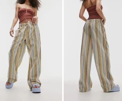 Calça feminina Topshop listra texturizada XS cordão bainha crua boho moderna - Imagem 1 de 4