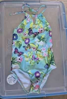 Joe Boxer Niñas 6x Traje de Baño Floral Verde Azulado Cuello Atado Foto 1 de 3