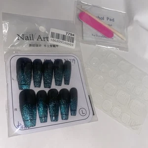 Press On Nails Medium Coffin Dark Blue Glittering Size Large Kit Bundle - Picture 1 of 6