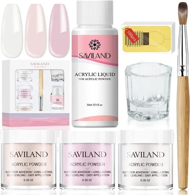 SAVILAND Acrylic Nail Kit with Powder, Liquid & Brush Set – 3 Colors Pink Nude Clear