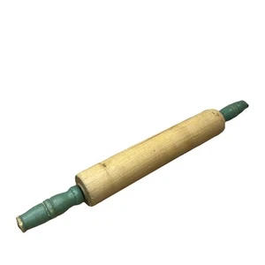 Vintage 15” Wooden Rolling Pin Green Handles Farmhouse Baking Memory - Picture 1 of 12