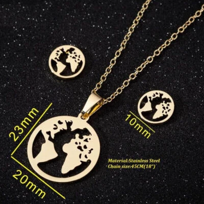 SET COLLANA E ORECCHINI CIONDOLO RODONTO MAPPA MONDO ACCIAIO ORO/ARGENTO DONNA - Immagine 1 di 3