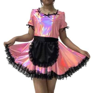 Sissy Shiny Laser Lolita Maid Fancy Dress Puff Short Sleeve Lockable Maid Dress  - Picture 1 of 15