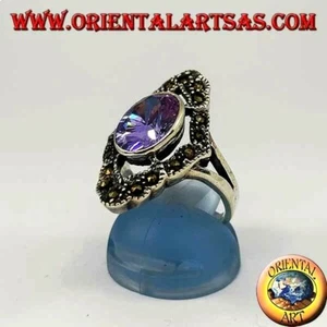 Anillo de Plata 925‰ Romboide Amatista Ovalados Natural Con Alrededor Marcasita - Imagen 1 de 4