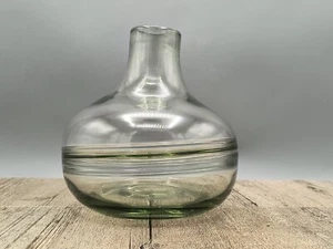 Hand Blown Vintage Clear Green Glass Decanter Vase MCM Unique Rimmed Center Deco - Picture 1 of 12