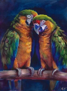 original painting 30 x 40 cm 87MT artwork watercolor modern two parrots - Picture 1 of 4