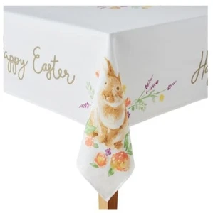 "Happy Easter "Spring Bunny Floral Fabric Tablecloth 60x84 Wrinkle Resistant - Picture 1 of 11
