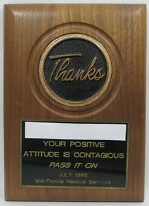 5x7" Walnut Airflyte Hanging "Thanks" Wall Plaque Award Florida Medical Services - Picture 1 of 8