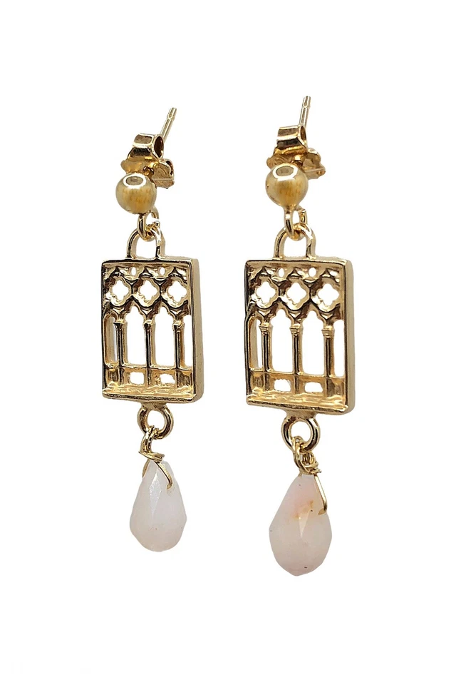 Orecchini Earring Trifora Veneziana Argento 925 Dorato E Opale Rosa - Immagine 1 di 3