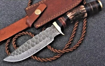 Cuchillo de hoja fija de acero Damasco de 10" hecho a mano personalizado mango de asta de ciervo original Foto 1 de 4