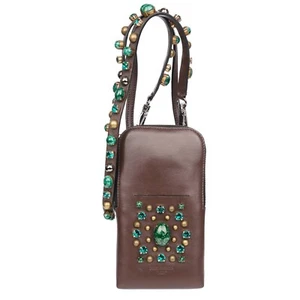 DOLCE & GABBANA Unisex Crystal Pearl Shoulder Phone Bag Leather Brown Green - Picture 1 of 5