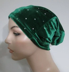 Green Velour With Silver Dots Beanie Slouch Alopecia Hair Loss Chemo Cap - Picture 1 of 2