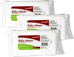 3 Pack Leader Baby Wipes Resealable Refill Pack 7.1x7.9 Lightly Scented 80 Count - Picture 1 of 3