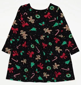 🔥NEW🔥Girls George Black Christmas Jersey Flared Print Swing Dress 18-24 month - Picture 1 of 20