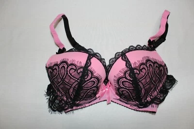 Black Hot Pink lace underwire push-up Bra- satin bow detail - Size 70A France - Image 1 of 2
