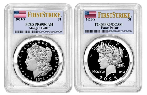 2023 Morgan & Peace Silver Dollar PCGS PR69DCAM FS, 2 Coins - Presale Cover