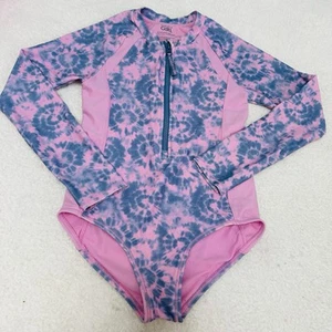 Athleta Girl Long Sleeve One Piece Swimsuit M 8 10 Tie Dye Pink Blue Zip - Picture 1 of 4