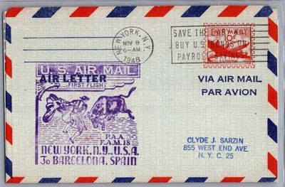 UNITED STATES 1948 CACHET AEROGRAMME FIRST FLIGHT NY-BARCELONA ADDR & POSTMARK - Image 1 of 2
